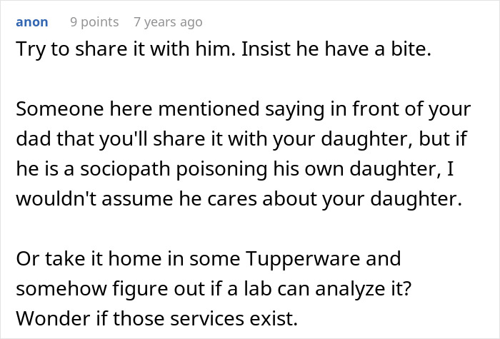 A comment suggesting sharing dessert with dad, or getting it analyzed by a lab to check for tampering.