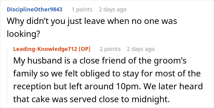 A Reddit comment detailing a couple's obligation to stay at a wedding reception despite a hunger fight over appetizers. A Reddit comment detailing a couple's obligation to stay at a wedding reception despite a hunger fight over appetizers.