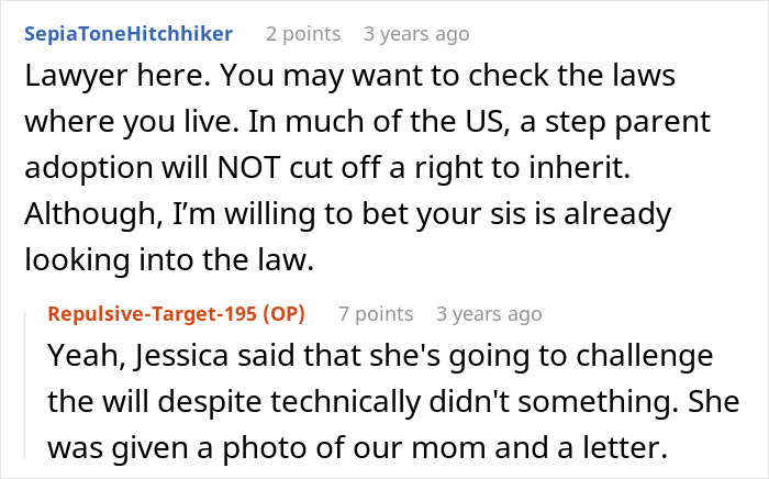 A Reddit comment section explaining legal aspects of stepmom adoption and inheritance. A Reddit comment section explaining legal aspects of stepmom adoption and inheritance.