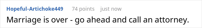 A screenshot of a comment advising a wife to call an attorney, implying her marriage is over due to the caregiver issue. A screenshot of a comment advising a wife to call an attorney, implying her marriage is over due to the caregiver issue.