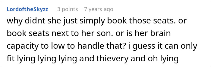 A Reddit comment asking why the woman's mom didn't book plane seats next to her son. A Reddit comment asking why the woman's mom didn't book plane seats next to her son.