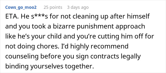 A social media comment advising a woman about her fiancé and his cleaning habits, suggesting counseling for their relationship issues. A social media comment advising a woman about her fiancé and his cleaning habits, suggesting counseling for their relationship issues.