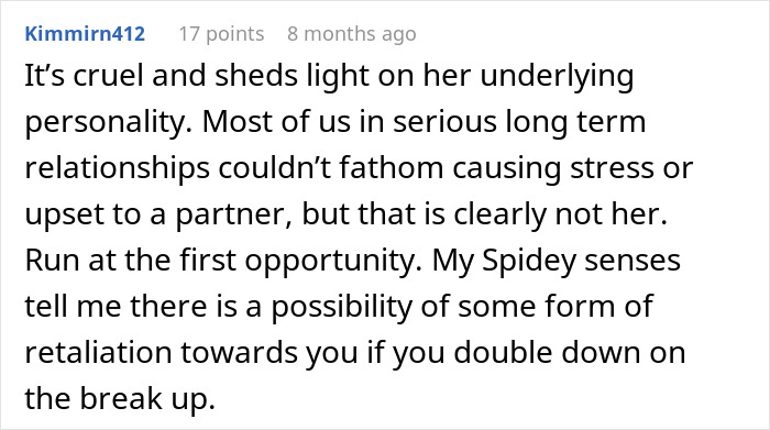 A Reddit comment describing a relationship as cruel and warning of retaliation, advising to run from the red flag. A Reddit comment describing a relationship as cruel and warning of retaliation, advising to run from the red flag.