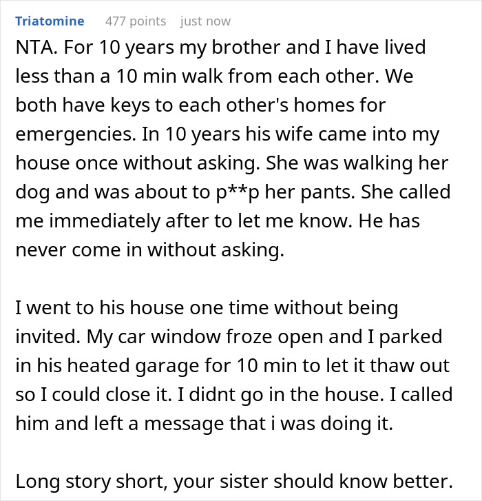 A screenshot of a Reddit comment about a sister turning her brother's home into her personal lounge, with membership revoked after changing locks. A screenshot of a Reddit comment about a sister turning her brother's home into her personal lounge, with membership revoked after changing locks.