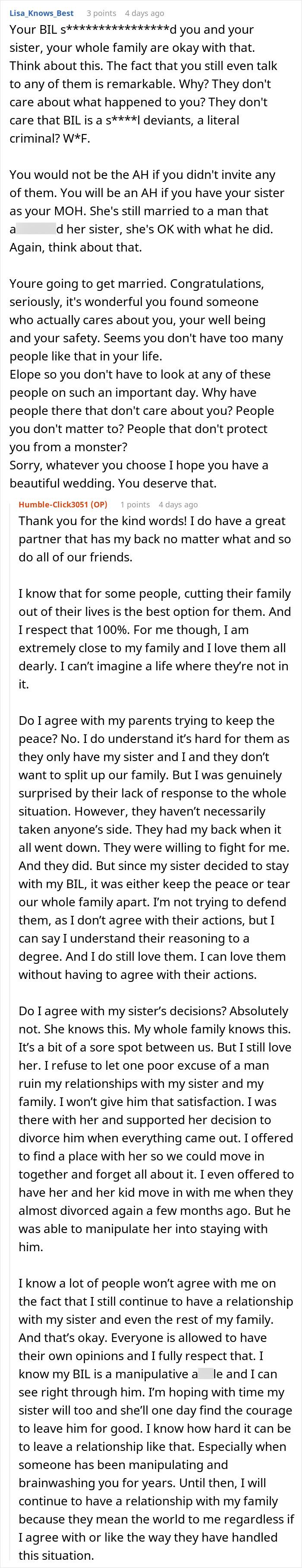 A screenshot from Reddit with comments discussing the woman drawing the line at her wedding for her toxic BIL. A screenshot from Reddit with comments discussing the woman drawing the line at her wedding for her toxic BIL.