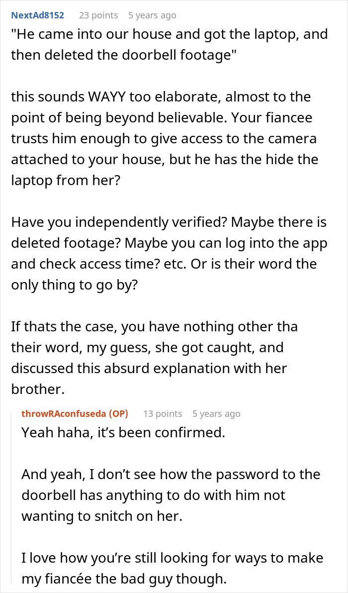 A social media comment speculating about a fancy laptop in a woman's closet and deleted doorbell footage. A social media comment speculating about a fancy laptop in a woman's closet and deleted doorbell footage.