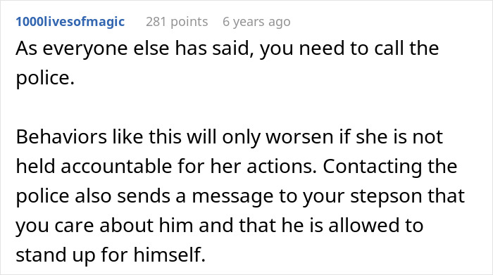 A comment advises calling the police for a grandma accusing someone of buying stepson love with gifts.