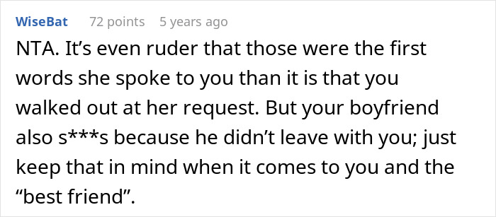 A screenshot of a Reddit comment by user WiseBat, discussing a boyfriend not being welcome at a party and host reaction.