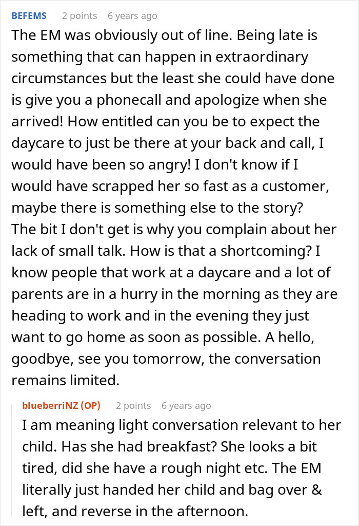 Further discussion on the entitled parent being late, not warning her nanny, and the unexpected reaction.