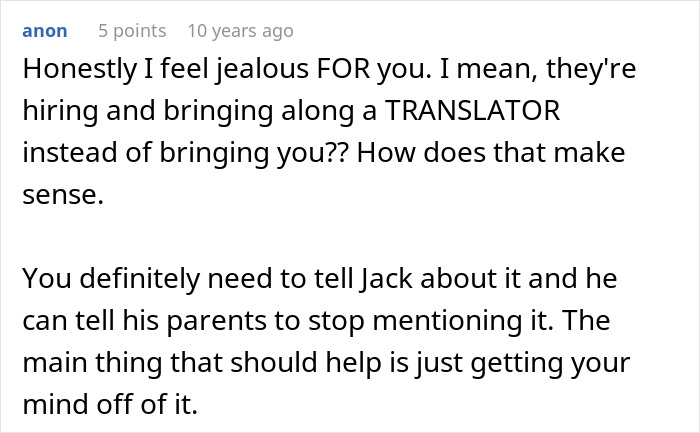 A screenshot of a comment on a cruel plan. The user expresses jealousy and suggests talking to the boyfriend about the family. A screenshot of a comment on a cruel plan. The user expresses jealousy and suggests talking to the boyfriend about the family.