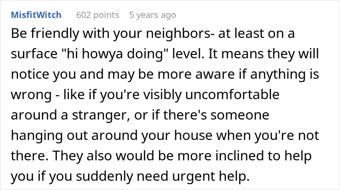 Screenshot of online comment on women safety tips: Be friendly with your neighbors for safety. Screenshot of online comment on women safety tips: Be friendly with your neighbors for safety.