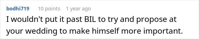 A Reddit comment suggesting the Brother-in-Law might propose at a wedding dispute. A Reddit comment suggesting the Brother-in-Law might propose at a wedding dispute.
