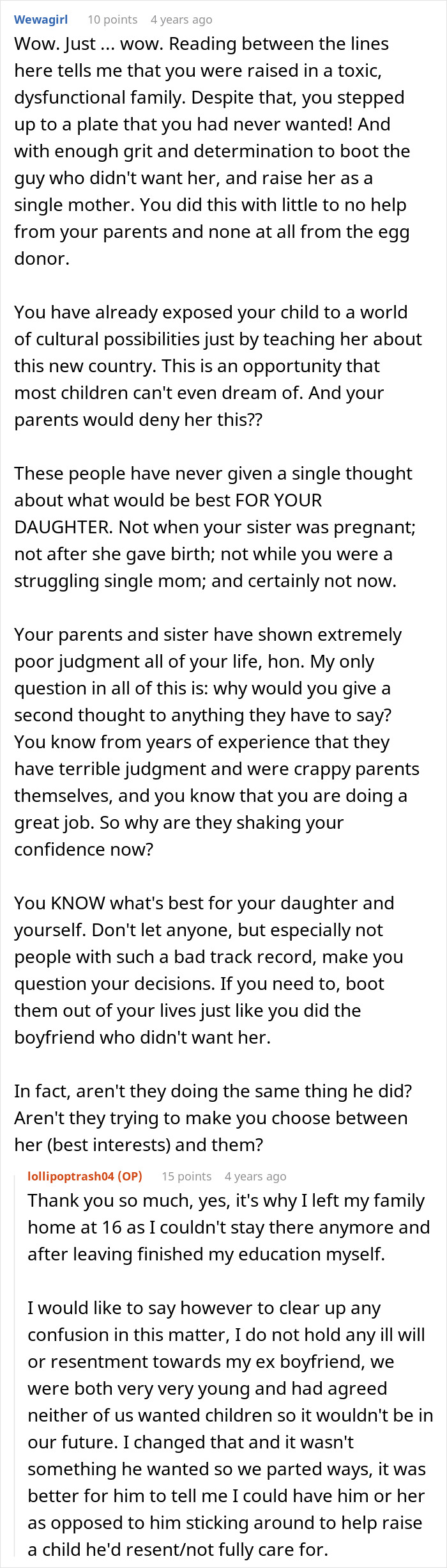 Screenshot of a comment discussing the difficult upbringing and the adoption of the sister's baby. Screenshot of a comment discussing the difficult upbringing and the adoption of the sister's baby.