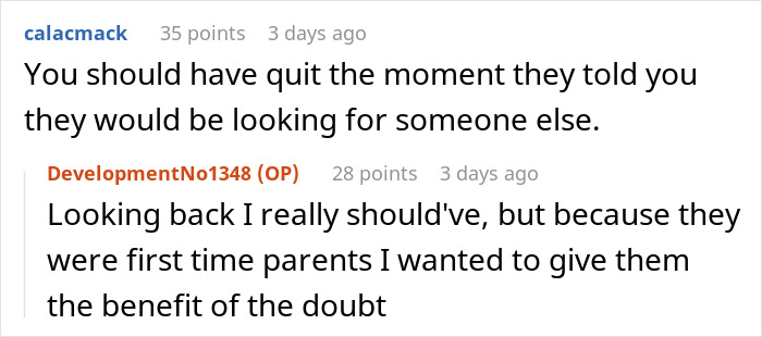 A screenshot of comments about the babysitter and parents, discussing the gaslighting situation and crying baby. A screenshot of comments about the babysitter and parents, discussing the gaslighting situation and crying baby.