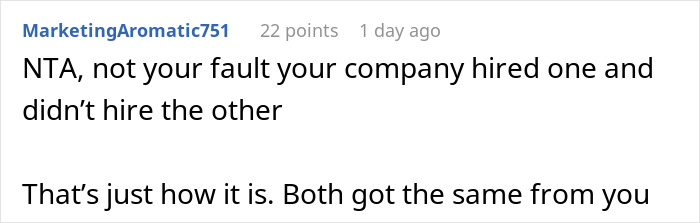 A comment supports a dad, saying it's not his fault if one of his kids' internships thrives and the other does not. A comment supports a dad, saying it's not his fault if one of his kids' internships thrives and the other does not.