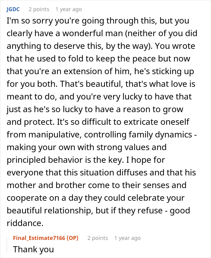 A heartfelt comment offering support for handling manipulative in-laws during a wedding dispute. A heartfelt comment offering support for handling manipulative in-laws during a wedding dispute.