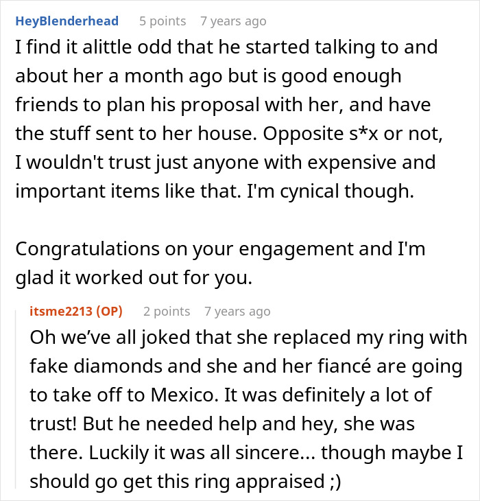 A screenshot of comments about the proposal involving the coworker and GF having female friends, discussing trust.