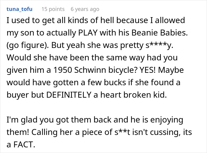 A comment about a grandma accusing a person of buying their stepson's love with gifts.