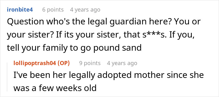 A screenshot of a Reddit comment asking about legal guardianship after a woman adopts her troubled sister's baby. A screenshot of a Reddit comment asking about legal guardianship after a woman adopts her troubled sister's baby.