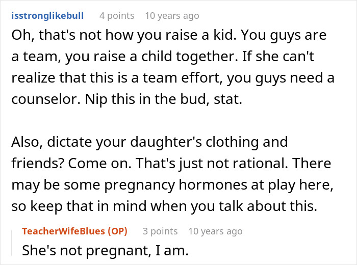 A comment on a forum about a mom seeking control over kid's education and wardrobe rights for wife.