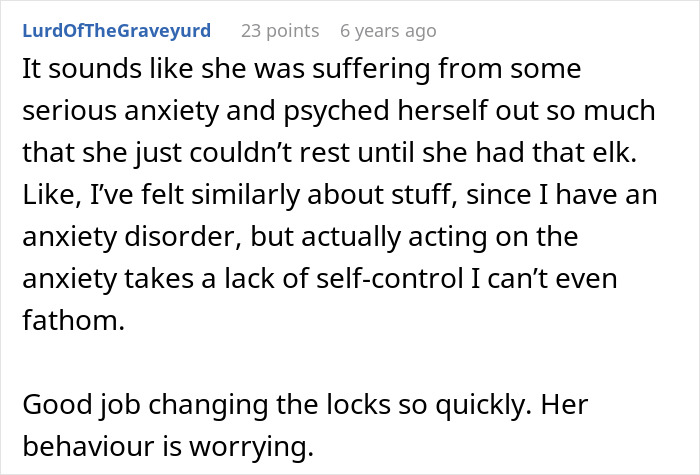A comment about anxiety and lack of self-control regarding Hunter's mom raiding the kitchen for meat, praising changing locks. A comment about anxiety and lack of self-control regarding Hunter's mom raiding the kitchen for meat, praising changing locks.