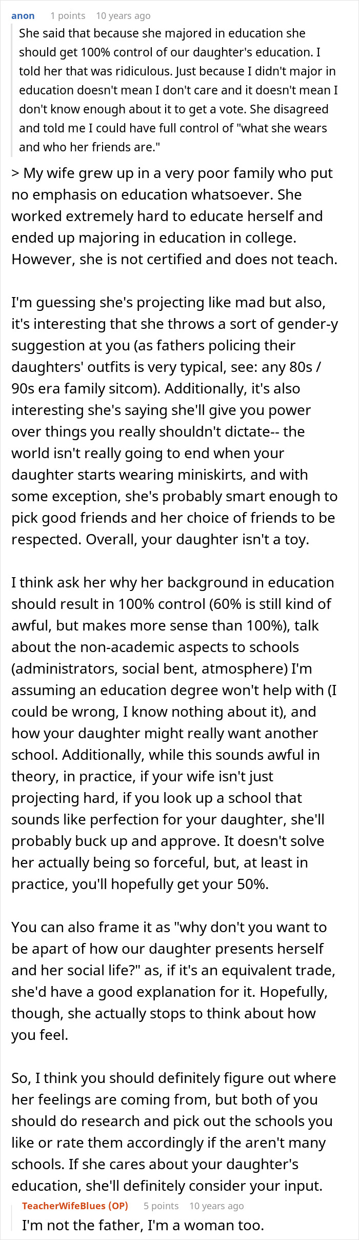 A detailed forum comment discussing a mom's desire for control over her kid's education and wardrobe rights.