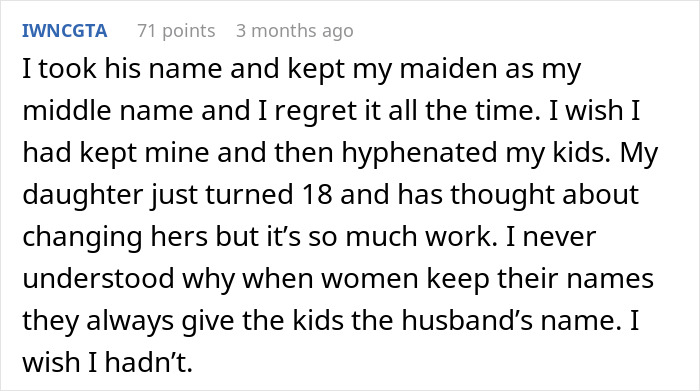 An awkward confession of regretting name change. People sharing too much when nobody asked. An awkward confession of regretting name change. People sharing too much when nobody asked.