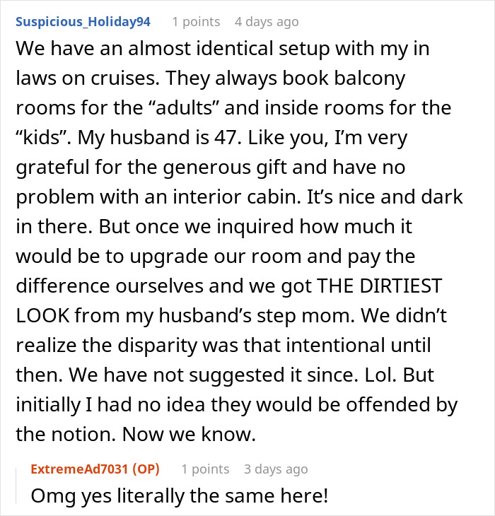 A Reddit comment comparing an in-laws cruise room setup to a woman upgrading flight tickets for a family trip. A Reddit comment comparing an in-laws cruise room setup to a woman upgrading flight tickets for a family trip.