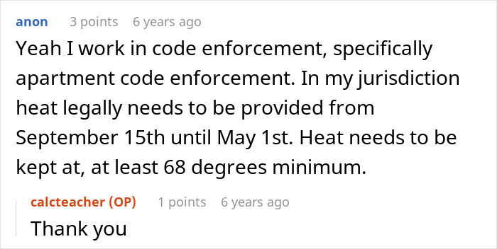 A Reddit comment about code enforcement for landlords refusing to fix heating in winter, specifying heat requirements. A Reddit comment about code enforcement for landlords refusing to fix heating in winter, specifying heat requirements.