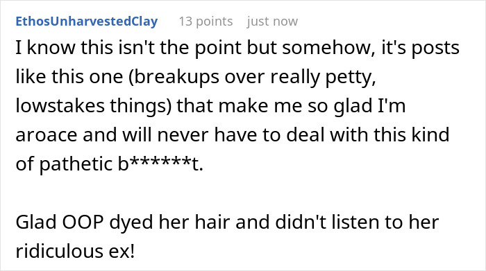 A Reddit comment expresses satisfaction with a GF revolting against a hair color ban, dying her hair.