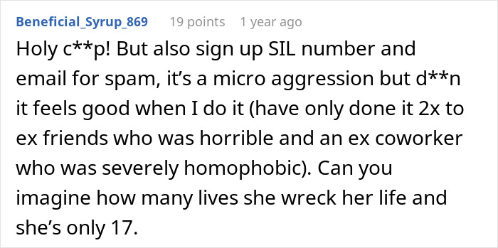A comment about SIL bullying a brides deaf cousin, suggesting signing up the SIL for spam after destroying hearing aids. A comment about SIL bullying a brides deaf cousin, suggesting signing up the SIL for spam after destroying hearing aids.
