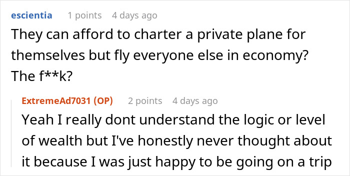 A Reddit comment asking about the logic of affording a private plane vs. economy for a MIL and SIL family trip. A Reddit comment asking about the logic of affording a private plane vs. economy for a MIL and SIL family trip.