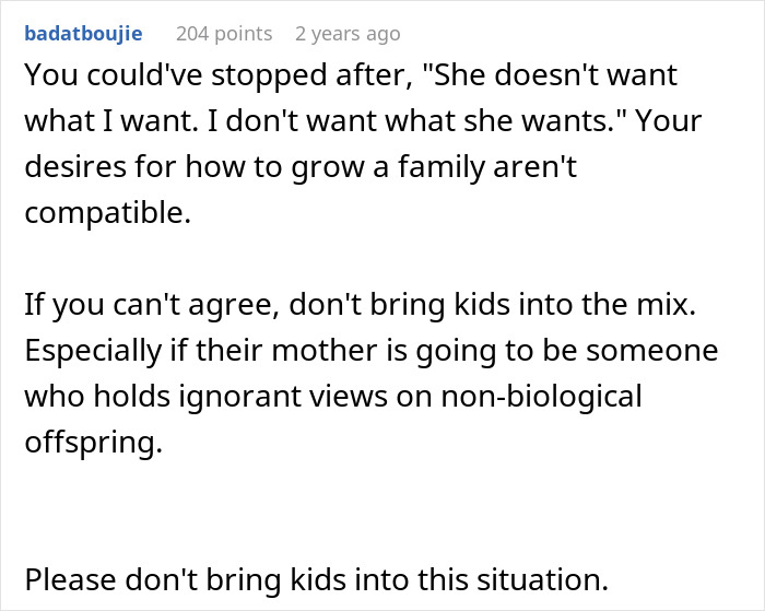 A screenshot of a Reddit comment advising against bringing kids into a marriage due to incompatible desires to conceive.