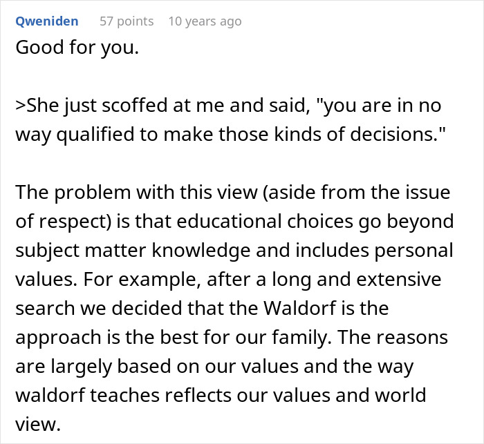 A screenshot showing a comment from Qweniden, discussing the importance of personal values in kid's education choices.