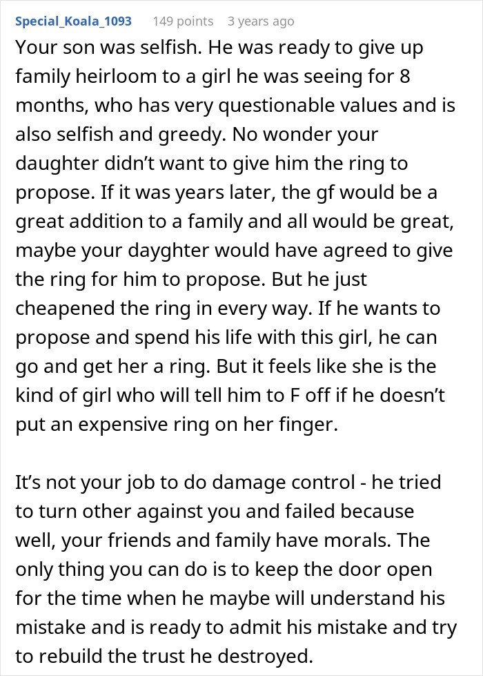 A comment on son stealing family heirloom to propose, accusing dad of ruining his life, describing the son's selfish actions. A comment on son stealing family heirloom to propose, accusing dad of ruining his life, describing the son's selfish actions.