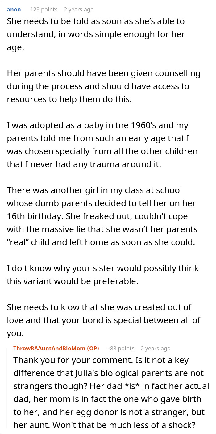 Screenshot of a Reddit discussion about a woman helping her sister have a baby and keeping the truth a secret. Screenshot of a Reddit discussion about a woman helping her sister have a baby and keeping the truth a secret.