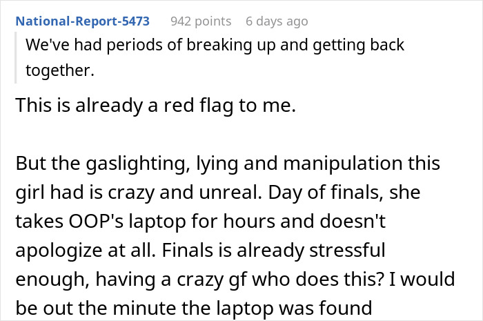 A screenshot of a comment highlighting a red flag in a relationship, mentioning breaking up, gaslighting, lying, manipulation, and hiding a laptop. A screenshot of a comment highlighting a red flag in a relationship, mentioning breaking up, gaslighting, lying, manipulation, and hiding a laptop.