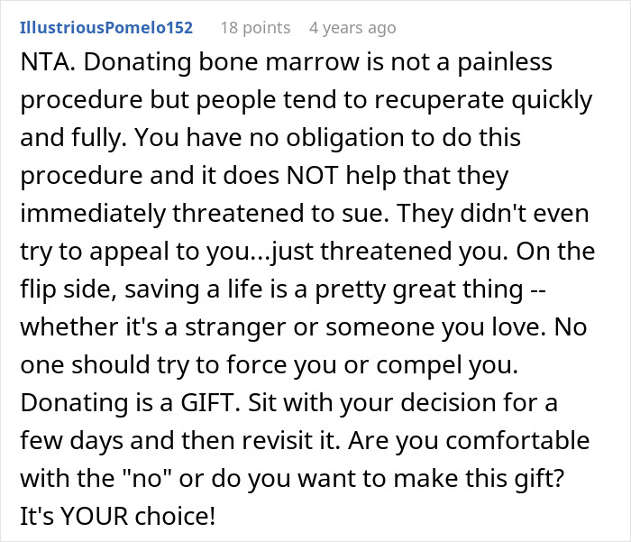 A Reddit comment advises an adopted teen on their birth parents' wild demand, emphasizing choice in bone marrow donation. A Reddit comment advises an adopted teen on their birth parents' wild demand, emphasizing choice in bone marrow donation.