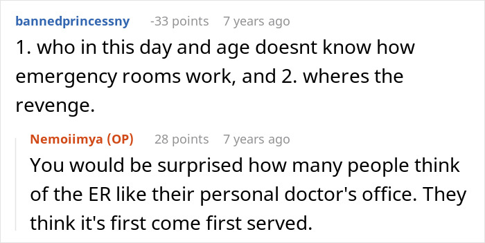 A screenshot of a Reddit discussion about an ER nurse, with a user asking about emergency room operations and another explaining how people misunderstand ER services. A screenshot of a Reddit discussion about an ER nurse, with a user asking about emergency room operations and another explaining how people misunderstand ER services.