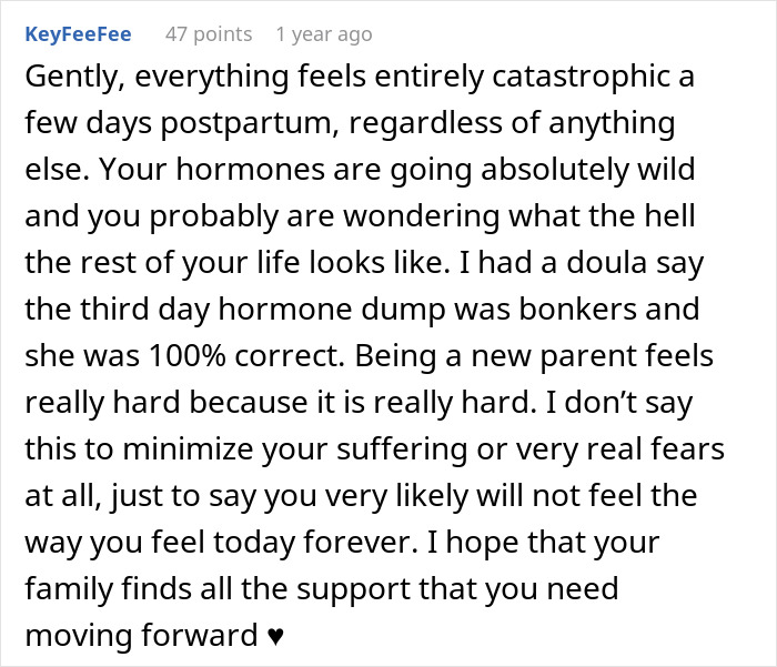 A Reddit comment offering support to a mom having a baby with Down syndrome, focusing on postpartum feelings.
