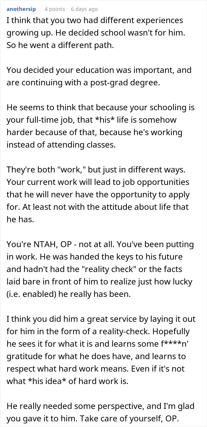 Woman Gives Brother A Harsh Reality Check After His Insane Take On Her Life