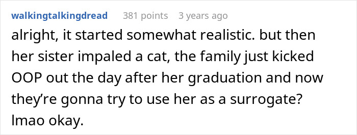 A social media comment from a user named walkingtalkingdread about a woman happy her toxic sis is infertile. A social media comment from a user named walkingtalkingdread about a woman happy her toxic sis is infertile.