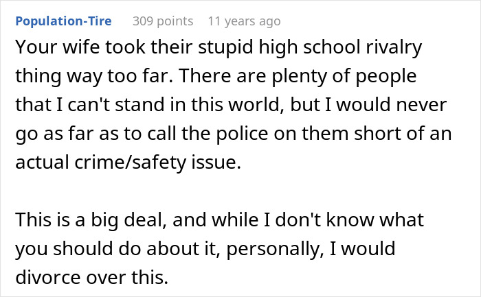 A comment suggesting divorce due to wife's jealousy causing deportation.
