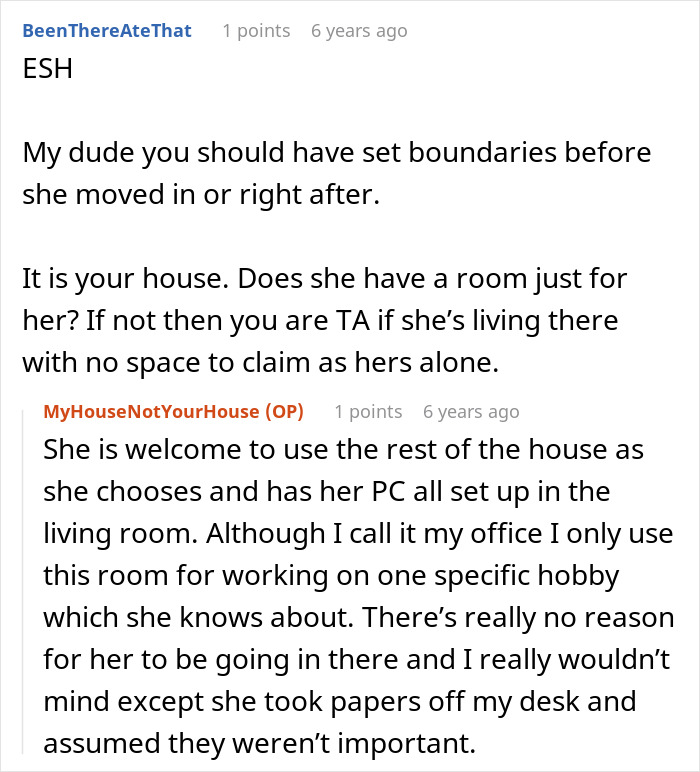 A screenshot of a Reddit comment discussing the importance of setting boundaries when a woman moves into a guy's house.