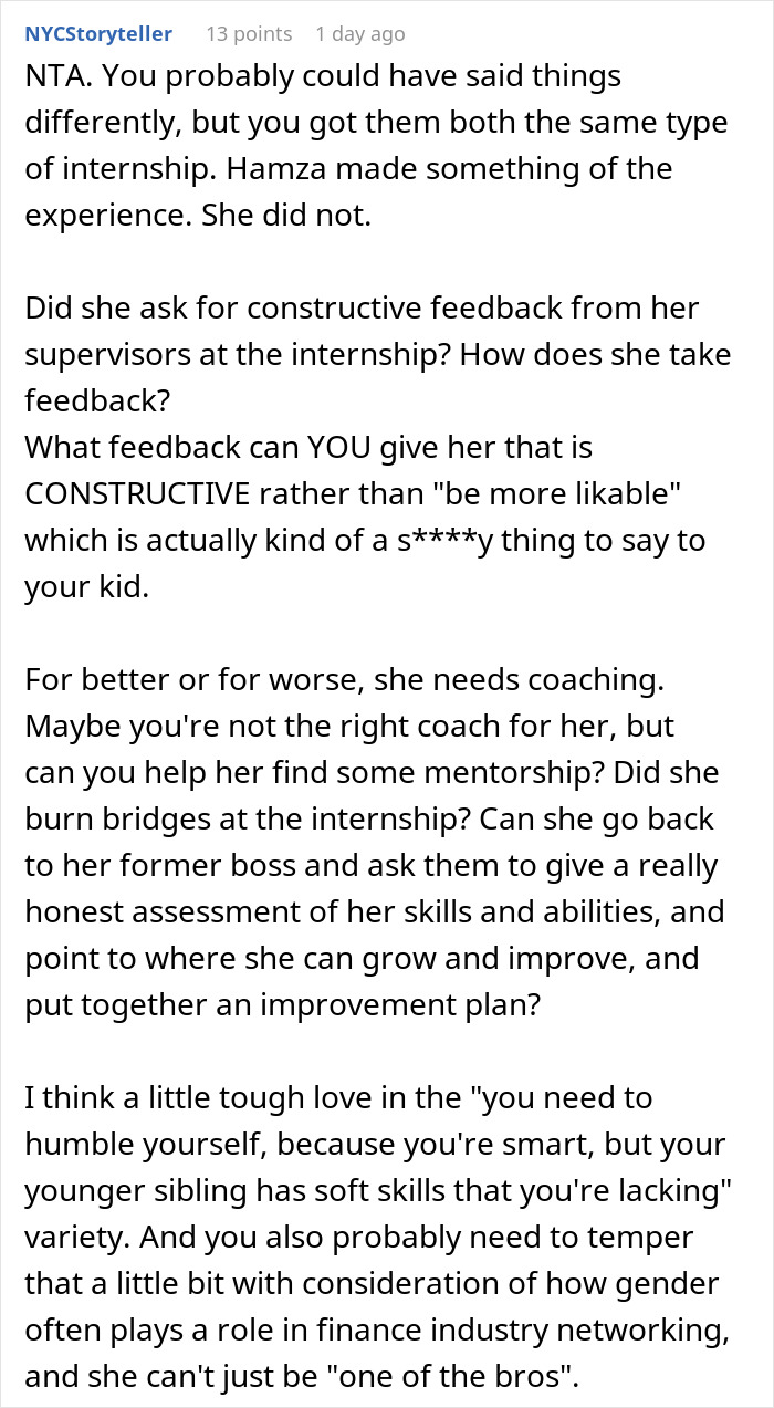 A user suggests that a dad whose kids got internships should consider coaching and constructive feedback for his child. A user suggests that a dad whose kids got internships should consider coaching and constructive feedback for his child.