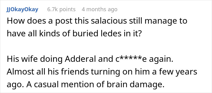 A comment from JJOkayOkay discussing buried ledes about the poly wife's actions and other issues. A comment from JJOkayOkay discussing buried ledes about the poly wife's actions and other issues.