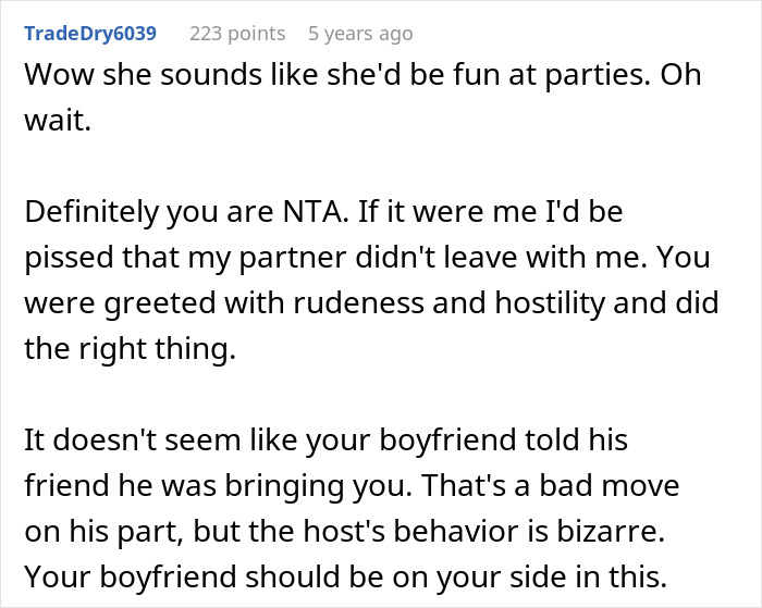 A screenshot of a Reddit comment criticizing the boyfriend's actions and the host's reaction at the party.