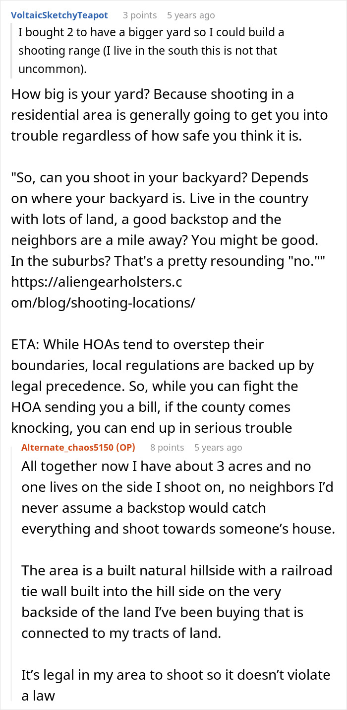 A detailed comment on owning home and land, shooting ranges, and legal precedence regarding HOA rules. A detailed comment on owning home and land, shooting ranges, and legal precedence regarding HOA rules.