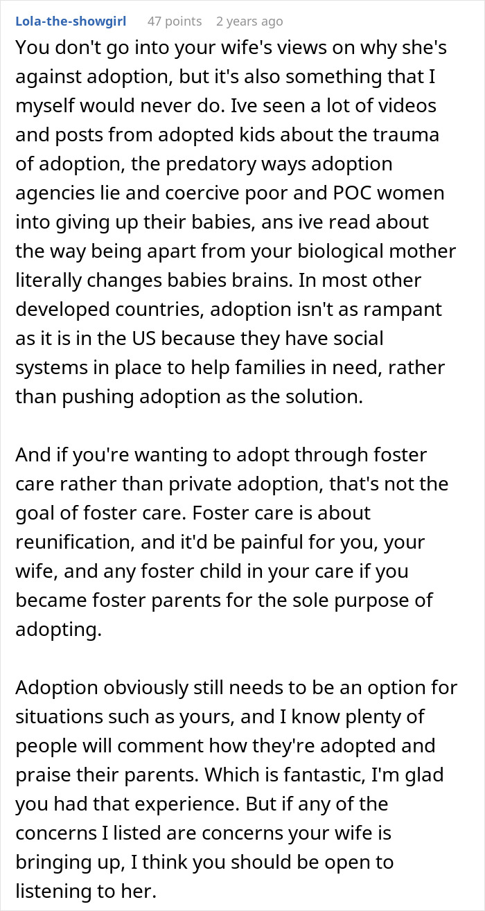 A comment about a man questioning his marriage and wife's shocking beliefs about adoption and foster care.
