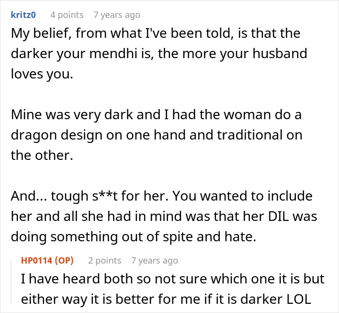 A Reddit comment about a bride's mendhi, wedding, and MIL getting angry over her wedding photos. A Reddit comment about a bride's mendhi, wedding, and MIL getting angry over her wedding photos.